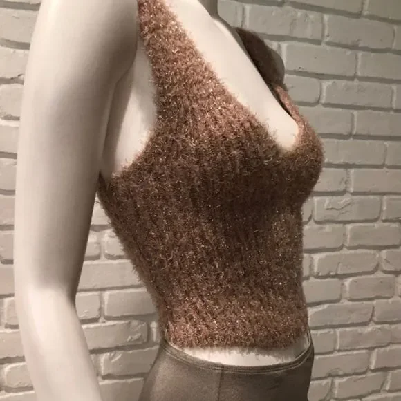FUZZY BEIGE & TAN CROPPED GOLD METALLIC TANK SWEATER NWT - Picture 11 of 11